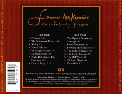 Live in Paris and Toronto â€” Loreena McKennitt back cover