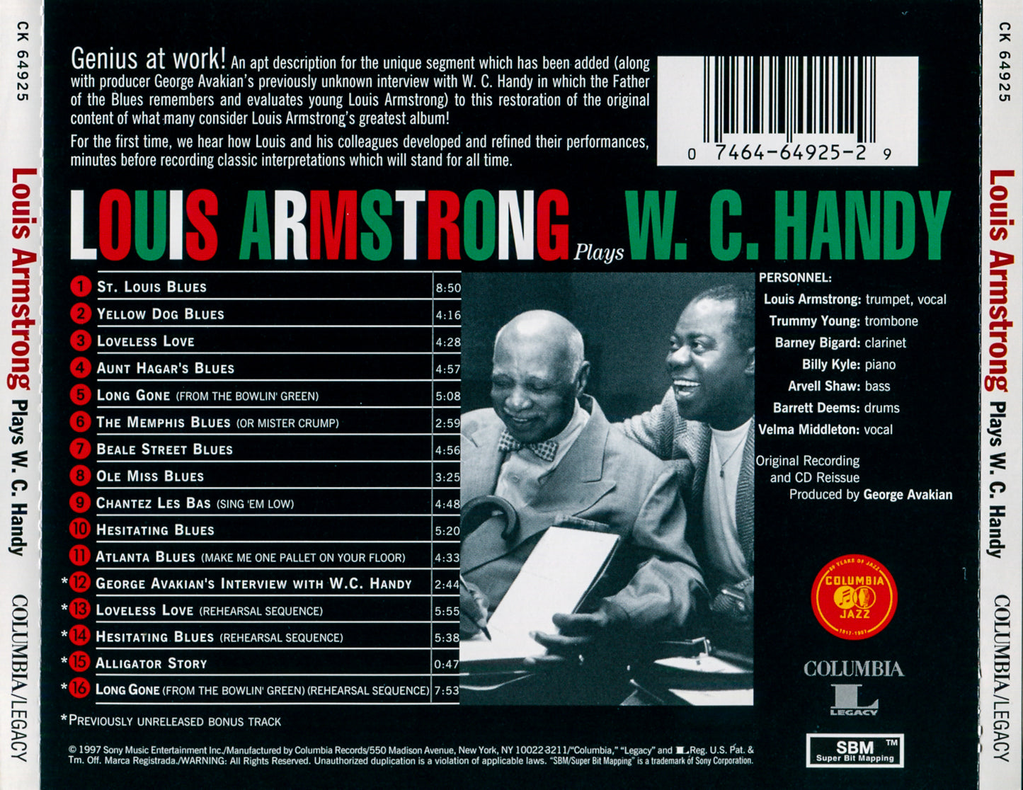 Louis Armstrong Plays W.C. Handy — Louis Armstrong back cover