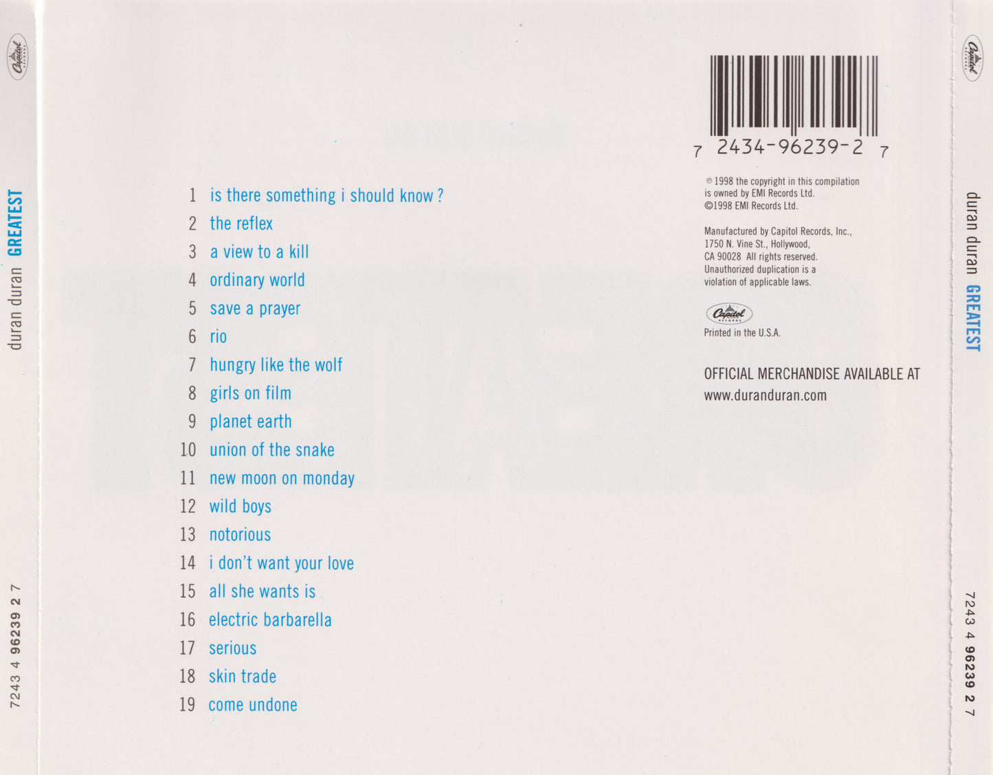 Greatest — Duran Duran back cover