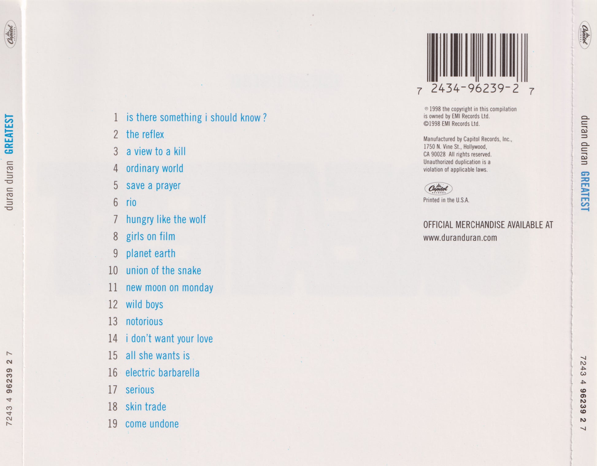 Greatest — Duran Duran back cover