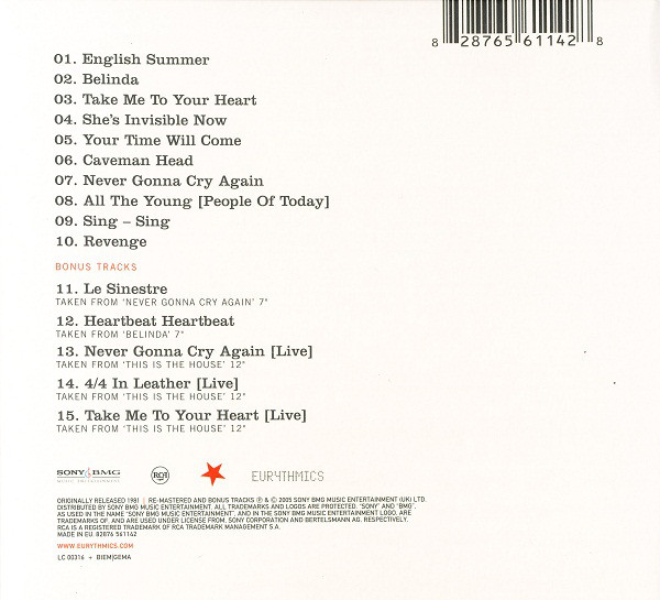 In the Garden — Eurythmics back cover