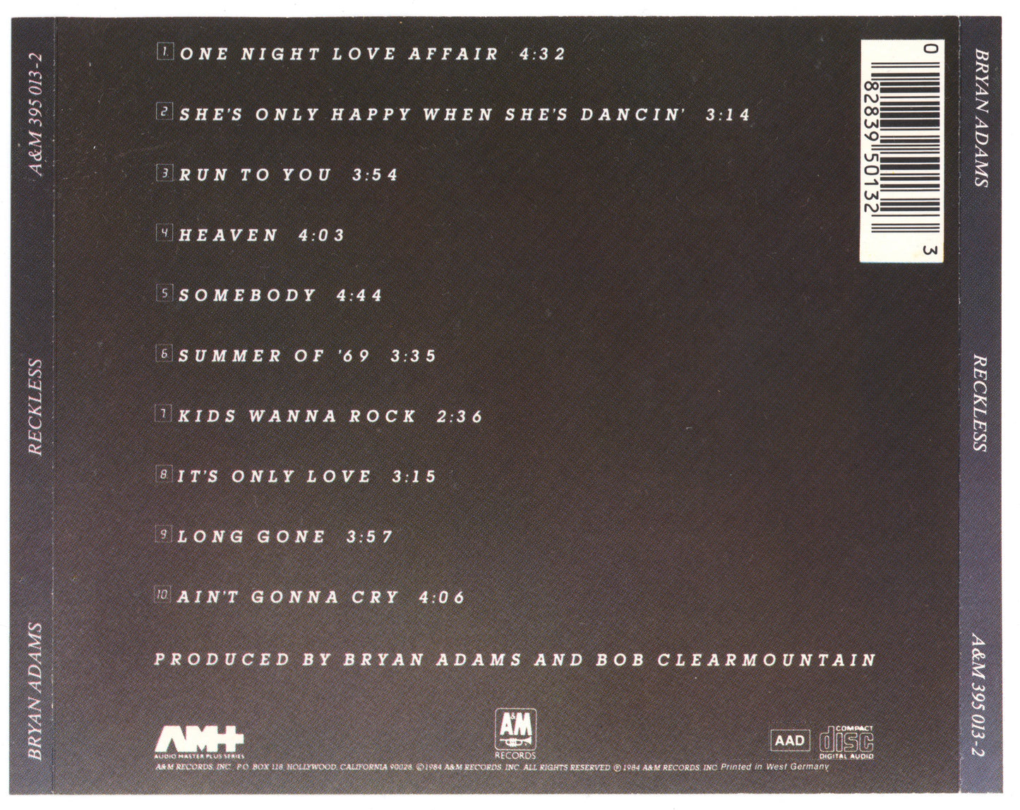 Reckless — Bryan Adams back cover