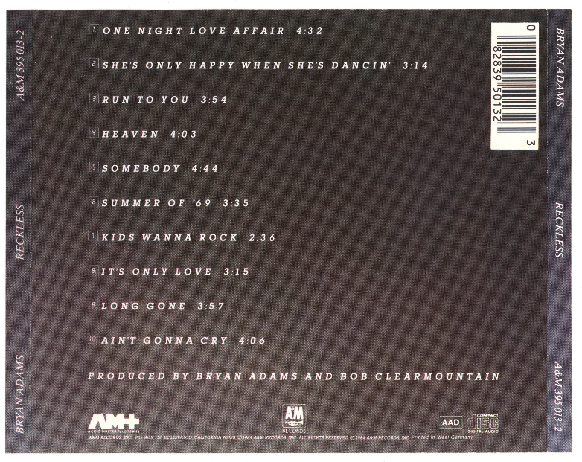 Reckless — Bryan Adams back cover