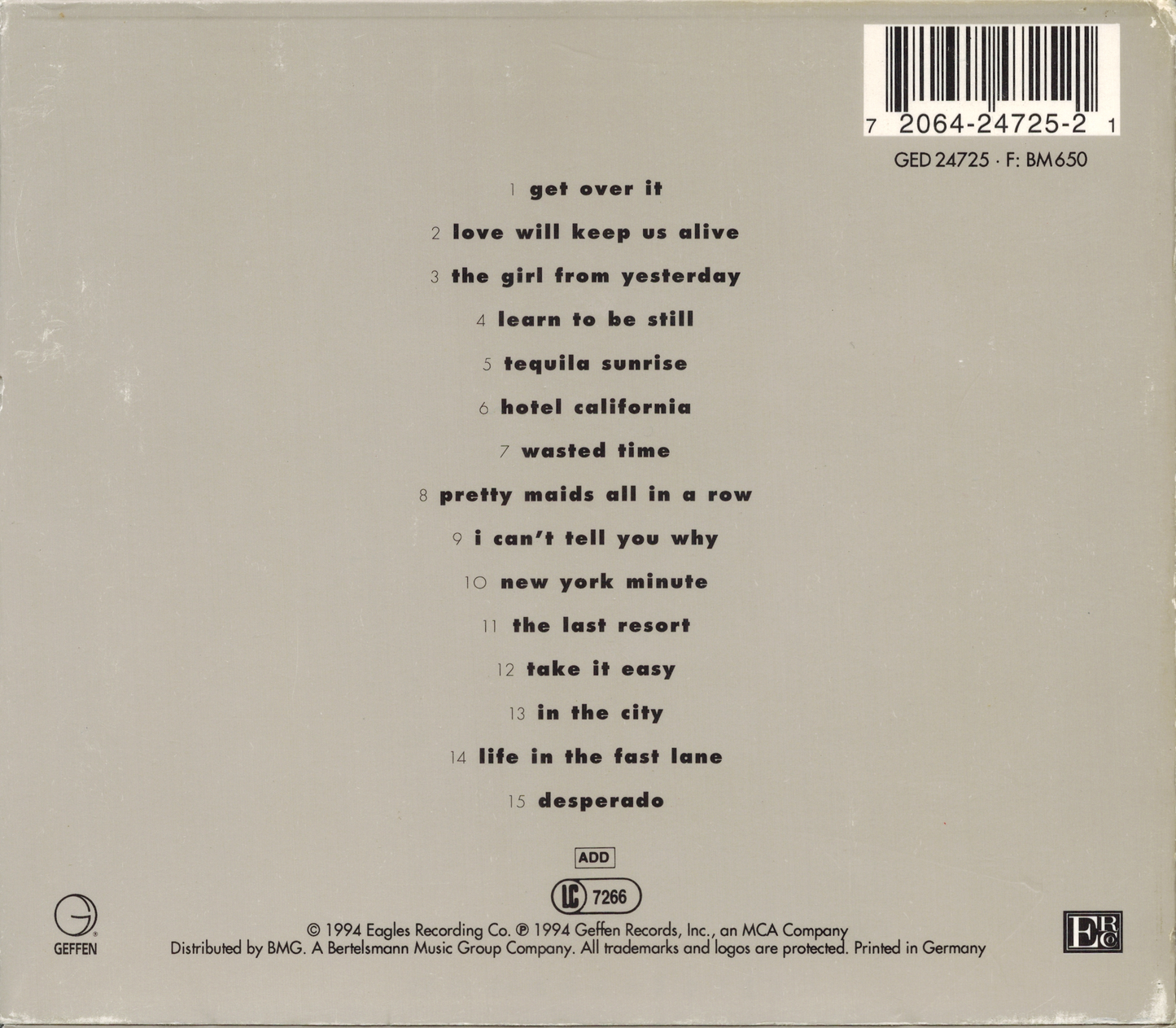Hell Freezes Over — Eagles back cover