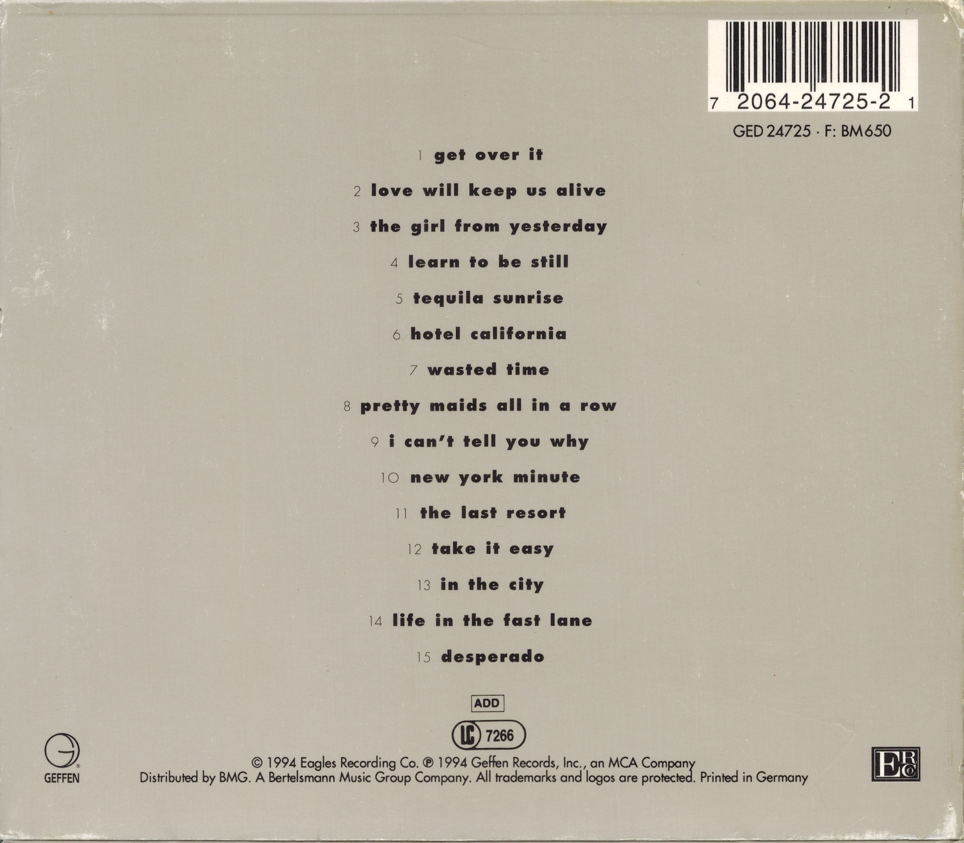 Hell Freezes Over — Eagles back cover
