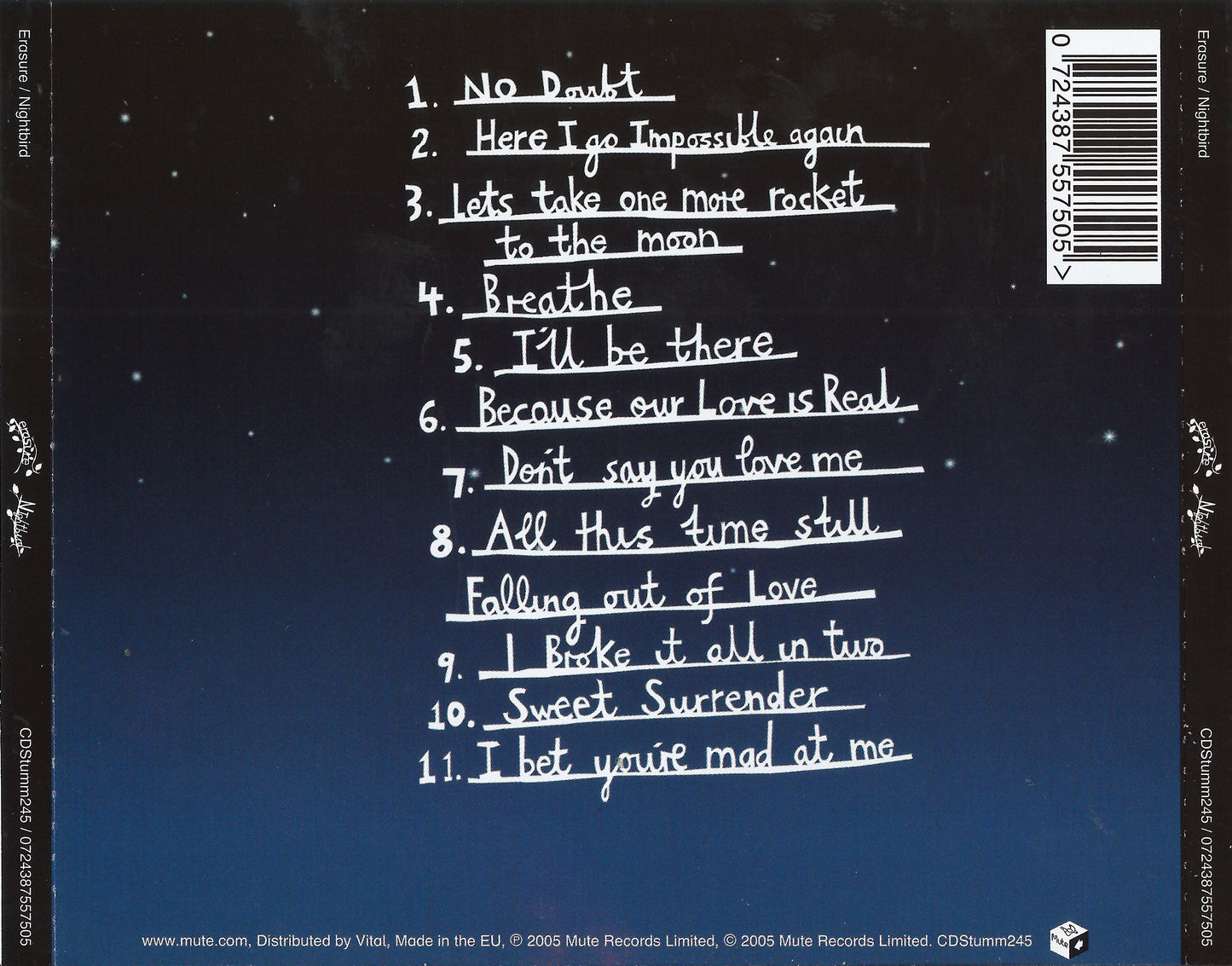 Nightbird — Erasure back cover
