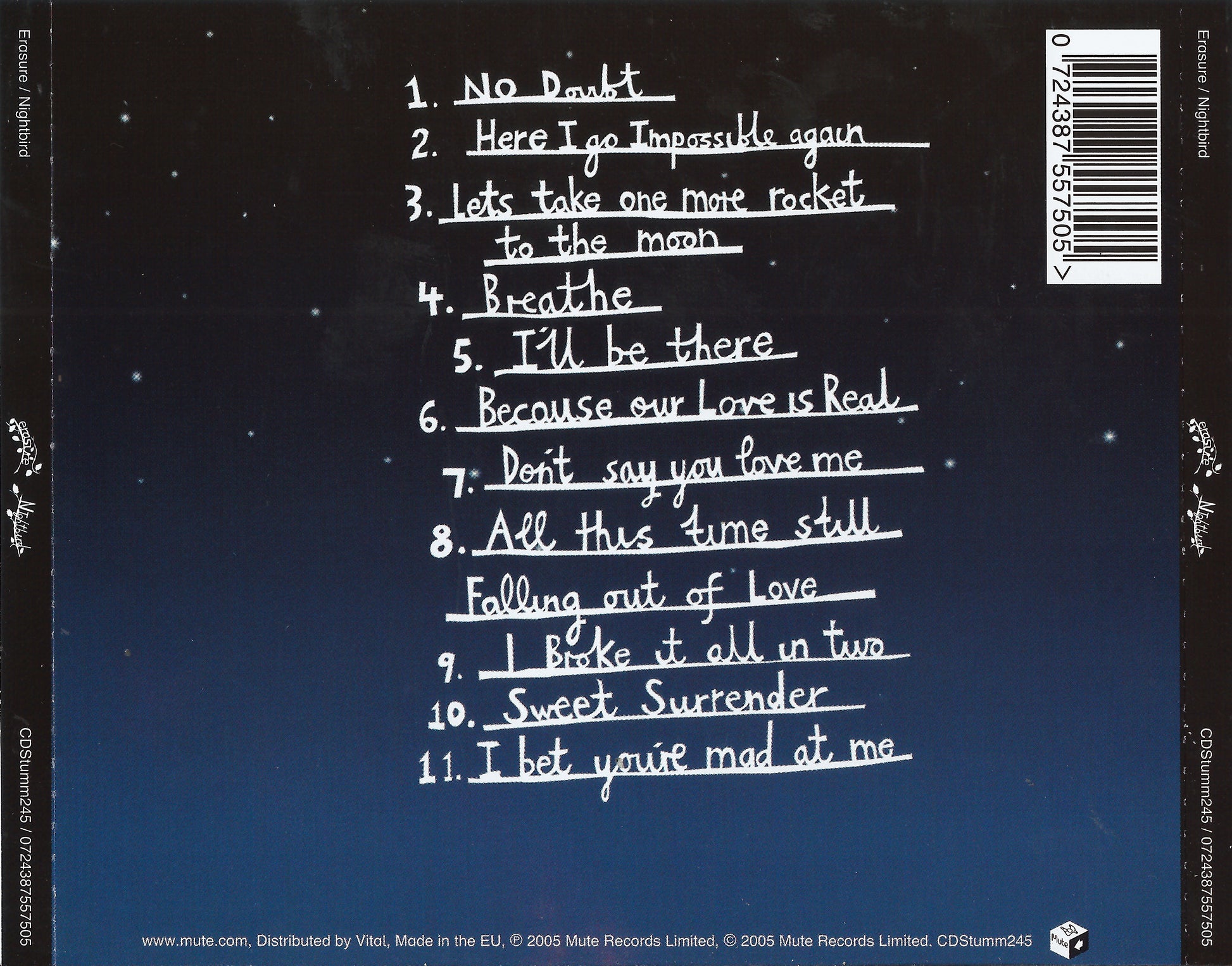 Nightbird — Erasure back cover