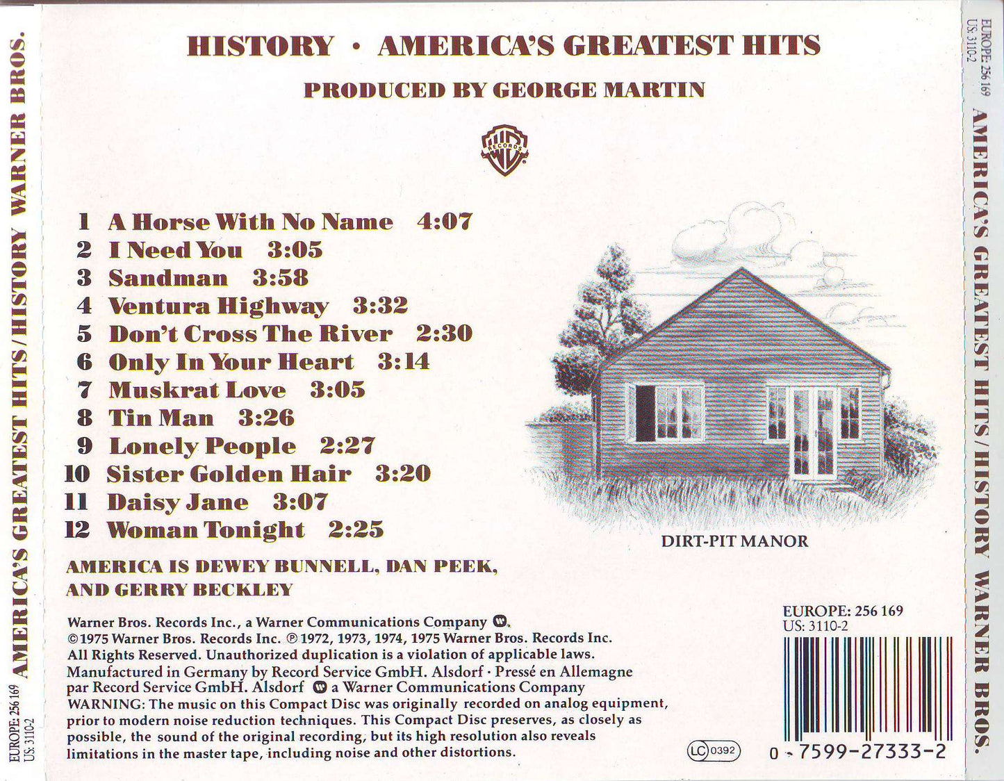 History: America's Greatest Hits — America back cover