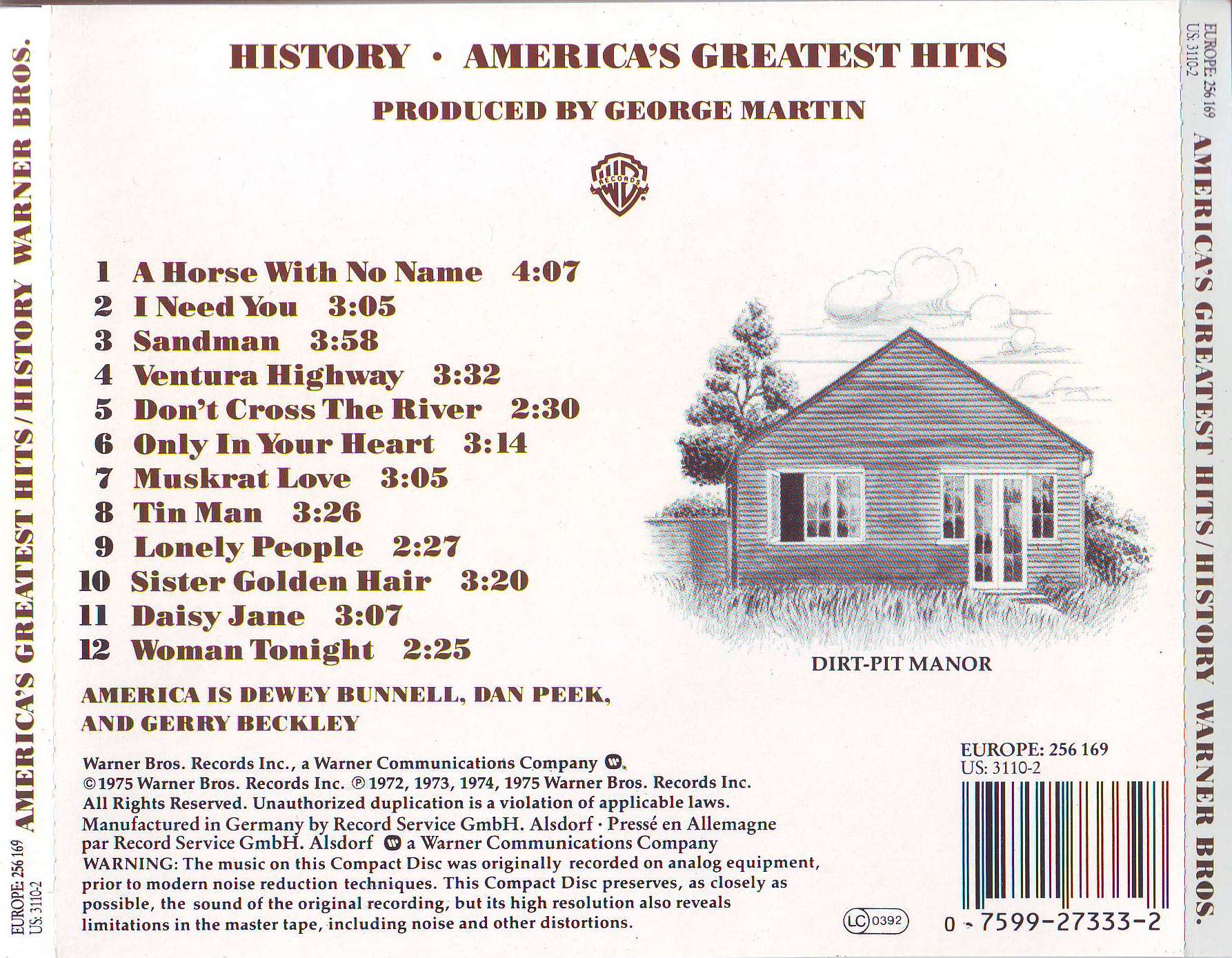 History: America's Greatest Hits — America back cover