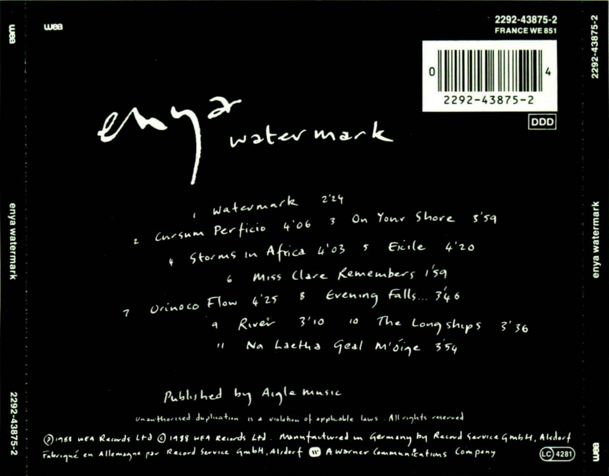 Watermark — Enya back cover