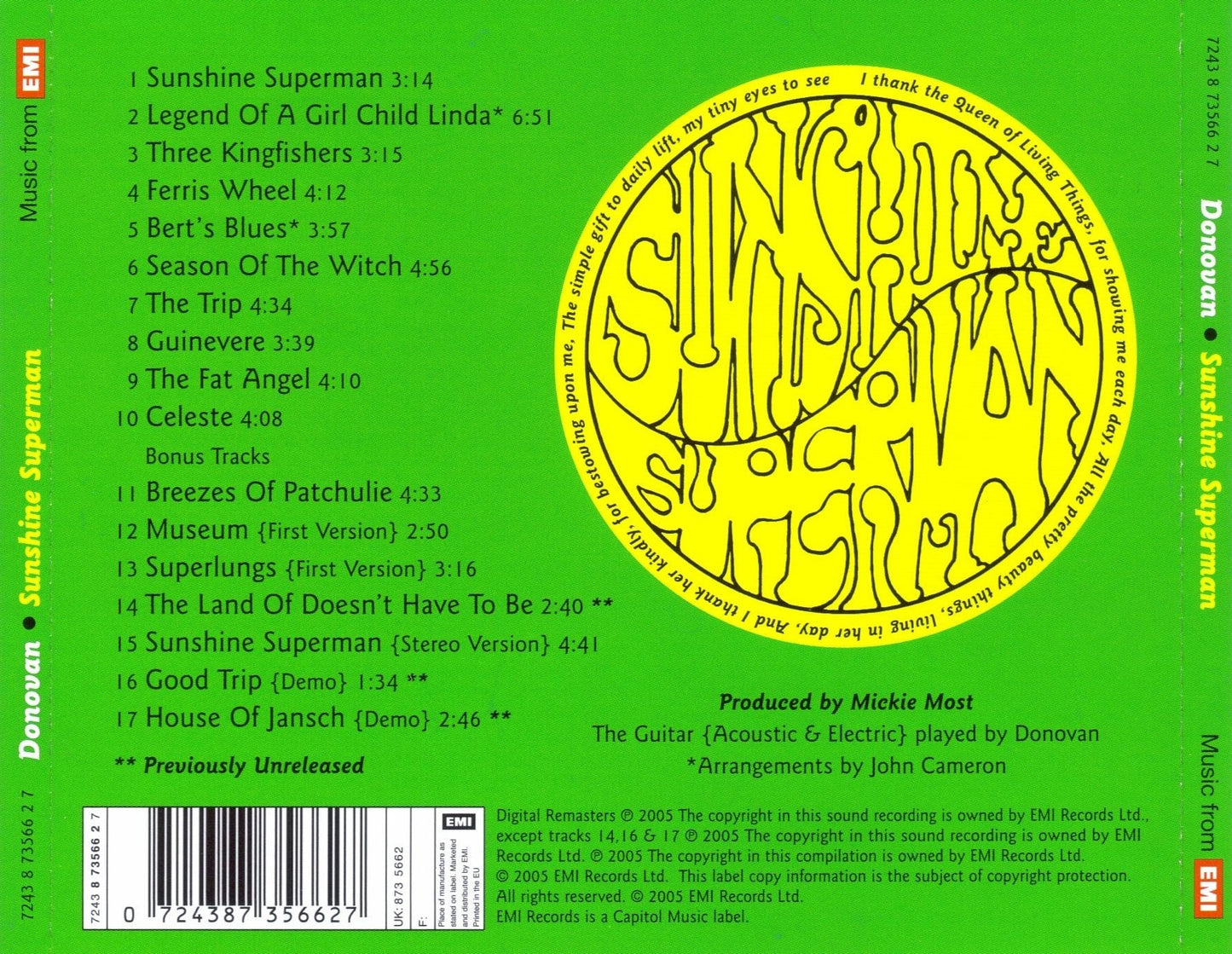 Sunshine Superman [Bonus Tracks] — Donovan back cover
