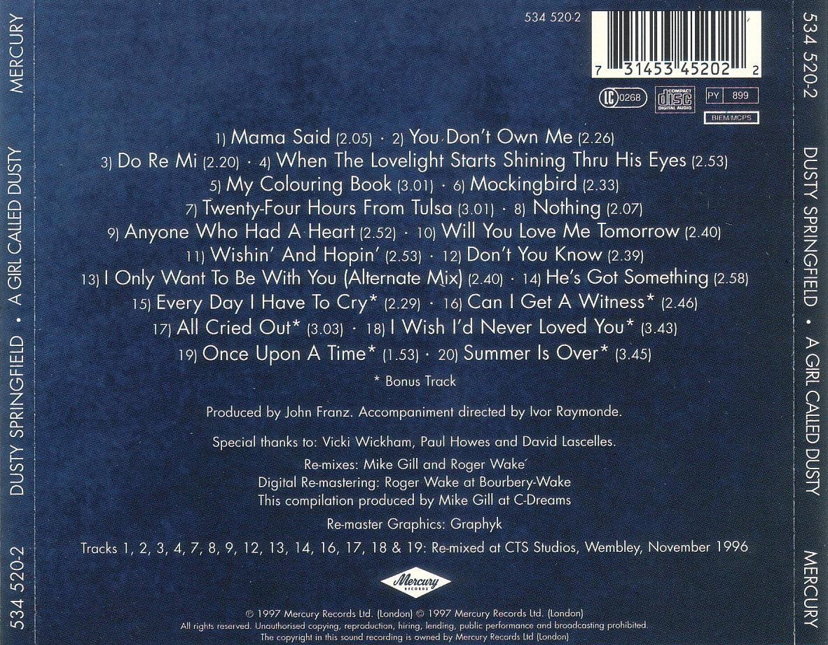 A Girl Called Dusty — Dusty Springfield back cover