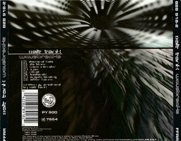 The back cover of the Salt Tank 'Waves and Shadows' CD album, featuring a black and white abstract circular graphic at the top and a dark textured abstract pattern at the bottom, with track listing and barcode on the left.