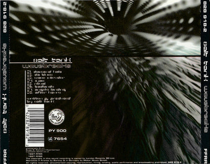 The back cover of the Salt Tank 'Waves and Shadows' CD album, featuring a black and white abstract circular graphic at the top and a dark textured abstract pattern at the bottom, with track listing and barcode on the left.